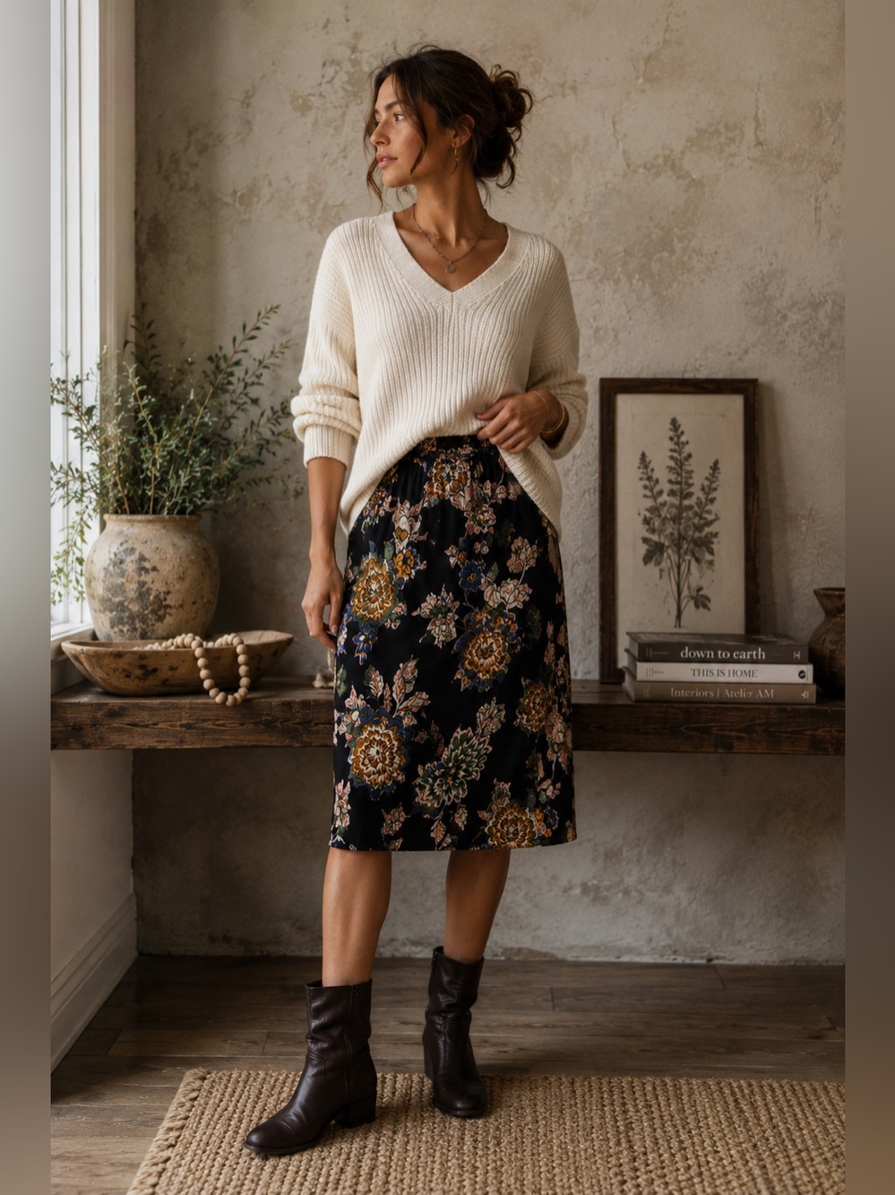 Dark Floral Viscose Boho Midi Skirt
